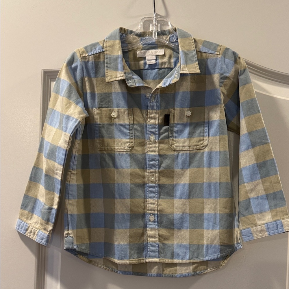 Burberry Kids Beige and Light Blue Checkered Shirt size 3